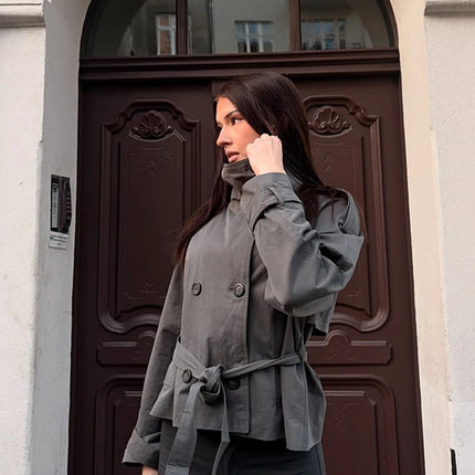 2026 Spring Women's Solid Lace Up Trench Coat Stand Collar Double Breasted Jacket Stylish New Lady Long Sleeve Outerwear Street