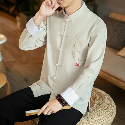 Camicie a maniche lunghe da uomo Ricamo tradizionale in cotone e lino Casual Tang Suit Cardigan da uomo Camicette Kung Fu retrò stile cinese da uomo