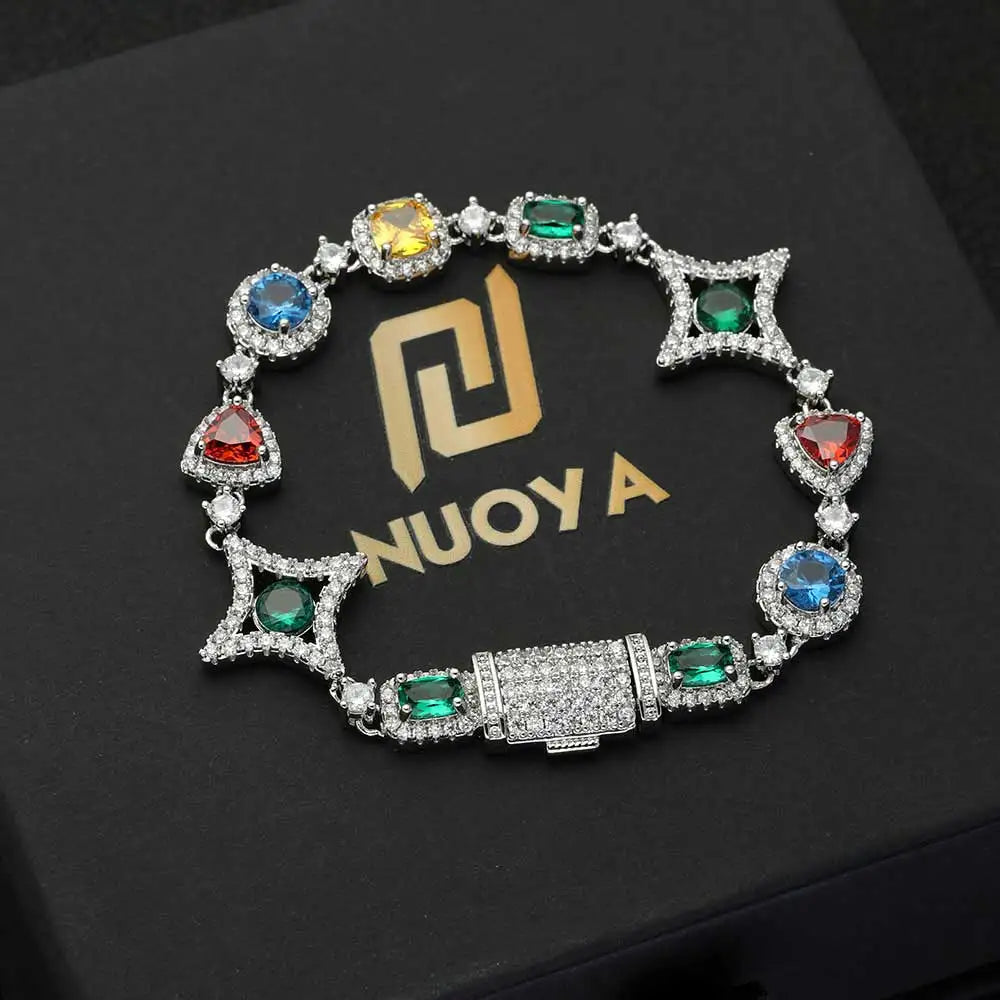 Gioielli Hip Hop Moda Zircone colorato Collana ghiacciata Bracciale a catena con pietre preziose in cristallo placcato oro bianco