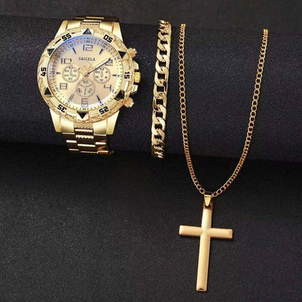 3 pz/set moda quadrante grande orologio al quarzo da uomo orologi da uomo d'affari di lusso collana braccialetto set Reloj Hombre (senza scatola) platinumshop