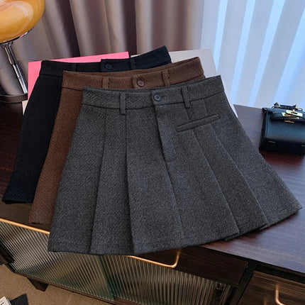 Gidyq Women Wool Mini Skirt Casual Korean Female High Waist Pleated Skirt Harajuku Fashion Streetwear Thick A Line Skirts New PlatiNum