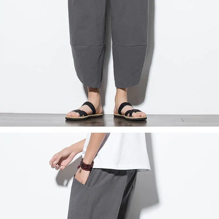 Pantaloni Estivi da Uomo 2026 Stile Cinese in Cotone e Lino, Pantaloni Harem Traspiranti da Spiaggia, Pantaloni Casual a Tre Quarti, Streetwear