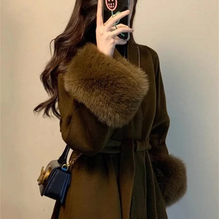 2025 New Spring Winter Warm Long Woolen Coat Women Elegant Warm Wool Blend Trench Coat With Belt Fashion Outerwear