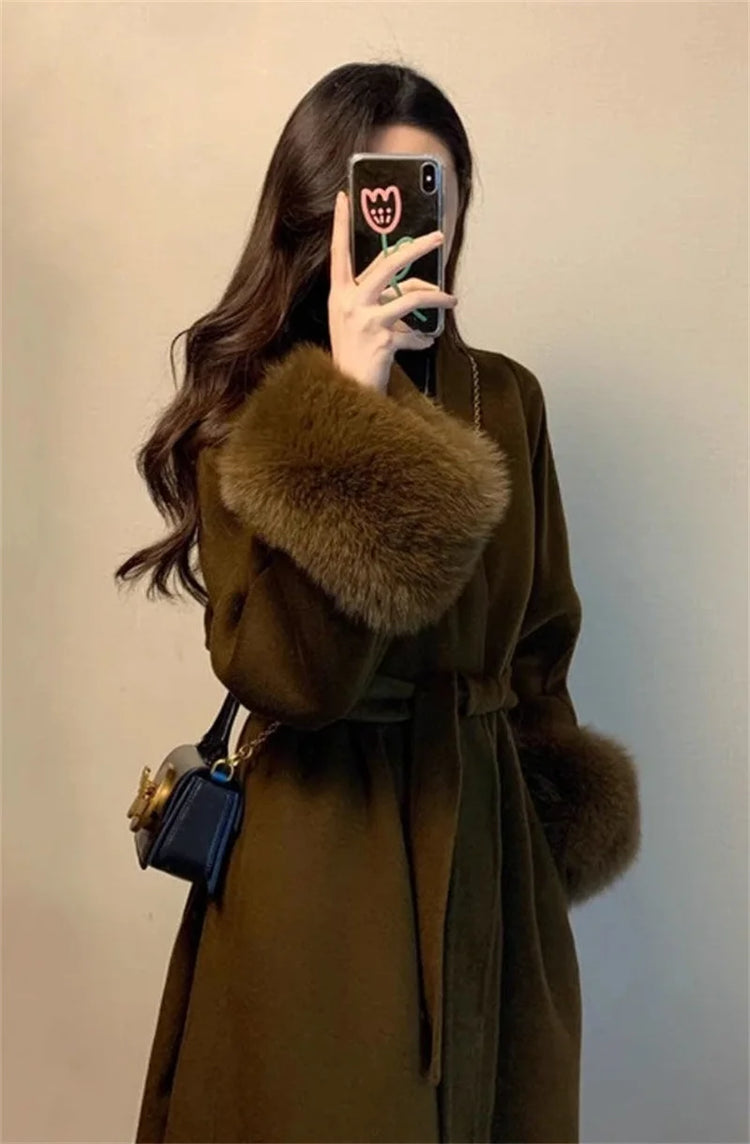 2025 New Spring Winter Warm Long Woolen Coat Women Elegant Warm Wool Blend Trench Coat With Belt Fashion Outerwear