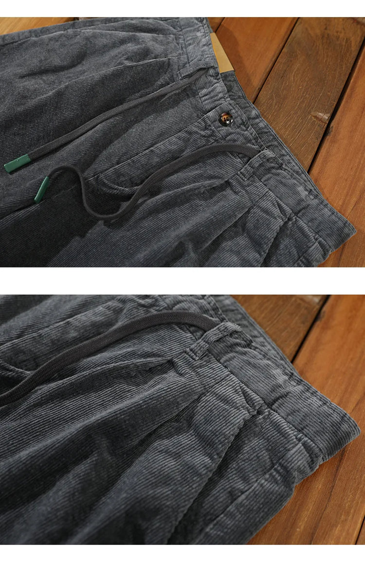Autumn Winter Classic Cotton Corduroy Casual Mens Pants Comfortable Retro Big Pocket Drawstring Cargo Trousers AZ324