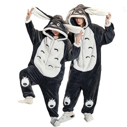 My Neighbor Totoro Winter Couple Matching Pajamas Thick Fluffy Plush Zipper Jumpsuit Cute Loungewear Warm Cozy Home Sleepwear