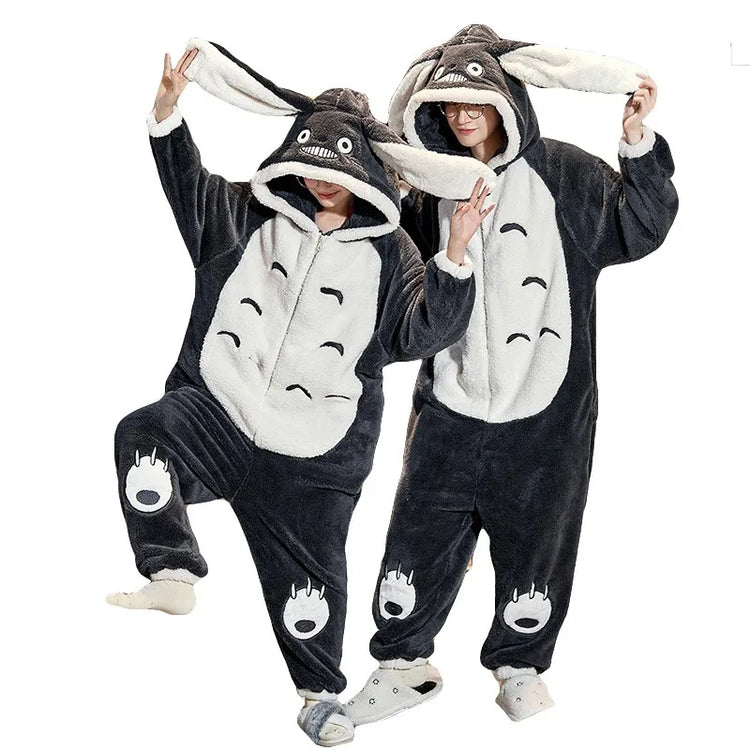 My Neighbor Totoro Winter Couple Matching Pajamas Thick Fluffy Plush Zipper Jumpsuit Cute Loungewear Warm Cozy Home Sleepwear