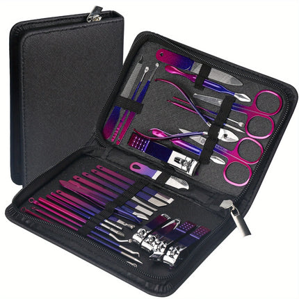 26Pcs Red Blue Gradient Nail Clipper Manicure Set Stainless Steel Nail File Cuticle Trimmer Kit Portable Storage Box Gift Manicure Pedicure Tools