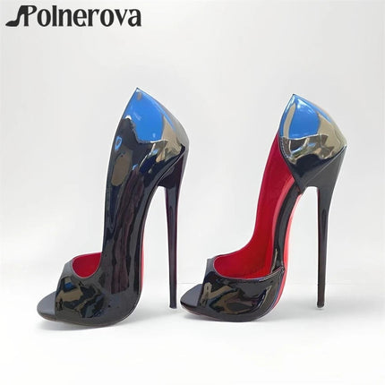Décolleté peep toe da 16 cm Scarpe da donna sexy con tacco alto in pelle verniciata nera Fodera rossa Tacchi a spillo moda Personalizzazione fatta a mano platinumshop
