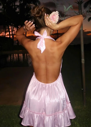 Robe femme en satin de soie avec décolleté dos nu et laçage, dos ouvert, avec ourlet à