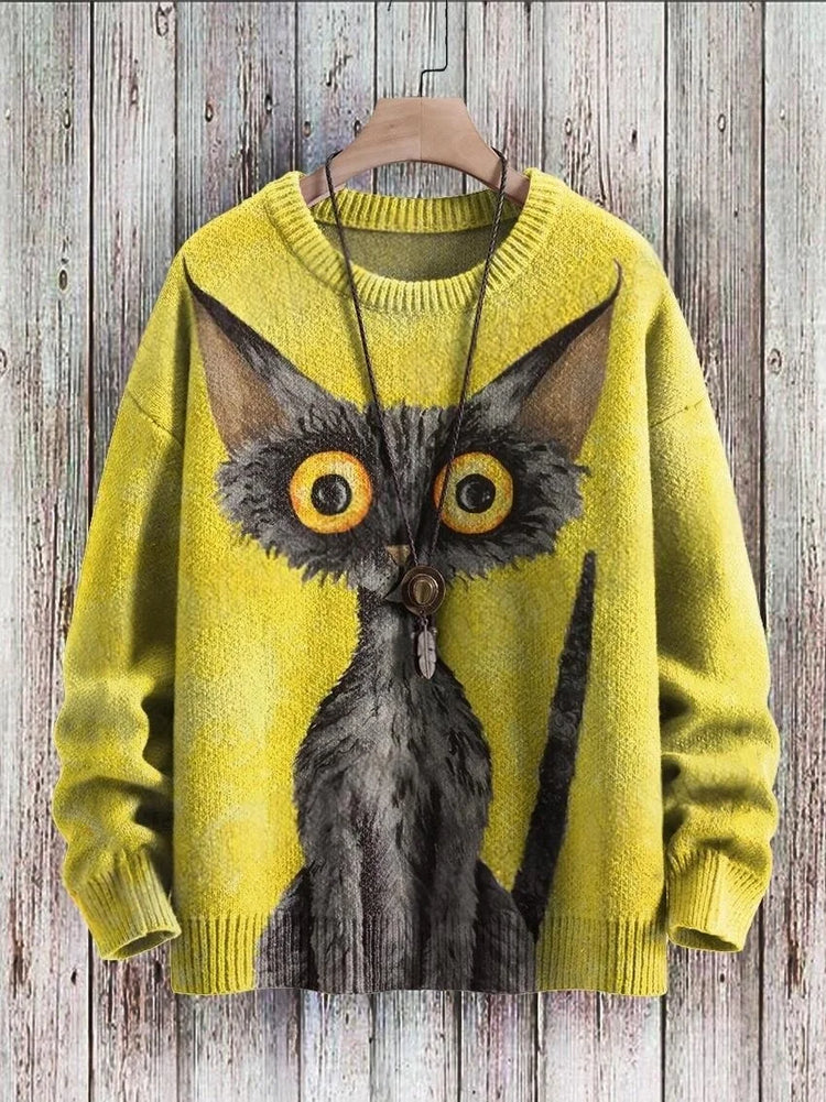 Cute Black Cat Graphic Retro Pattern 3D Printed Men's Knitted Pullover Winter Unisex Casual Warm Knit Pullover Sweater