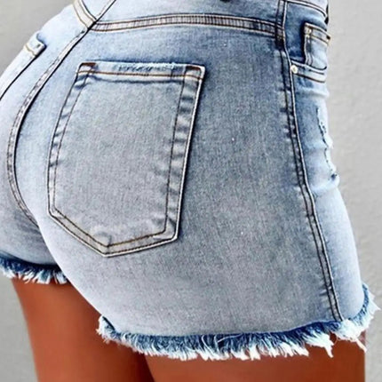2025 Pantaloncini da donna con bordo strappato effetto consumato retrò Vita alta lavati Tasche laterali slim fit con sollevamento del sedere Pantaloni corti da festa casual da club - platinumshop