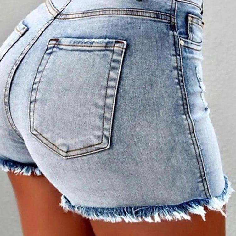 2025 Pantaloncini da donna con bordo strappato effetto consumato retrò Vita alta lavati Tasche laterali slim fit con sollevamento del sedere Pantaloni corti da festa casual da club - platinumshop