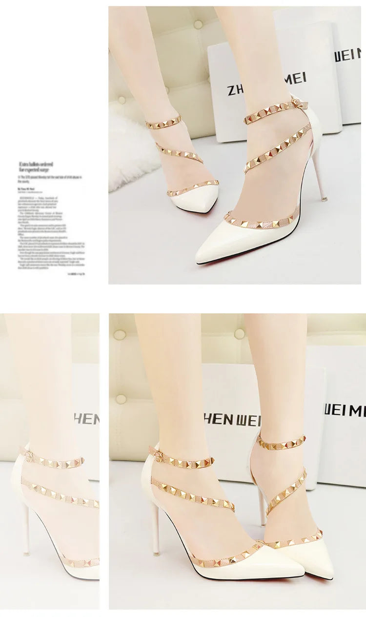 Scarpe tacco alto da donna estive in Europa e America Moda punta a punta bocca superficiale rivetto scava fuori sandali a spillo da discoteca platinumshop
