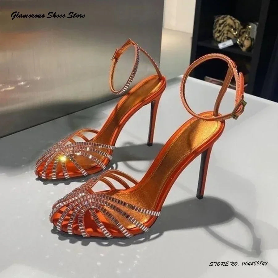 Bling Crystal Caged-toe Satin Sandals Women's Round Toe Thin High Heels Party Shoes Summer Fashion Buckle Strap Daily Stilettos
