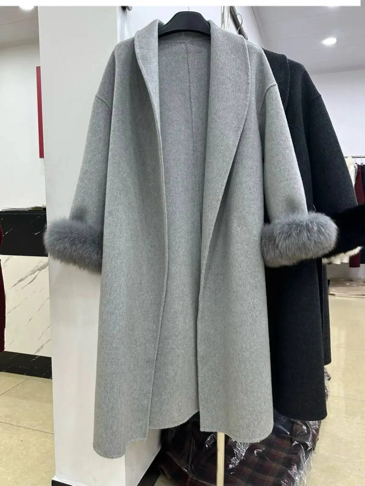 BJTZ Fox Fur Classic Long Double-Sided Pure Wool Coat For Women 2025 New Autumn Winter High-End Woolen Jacket
