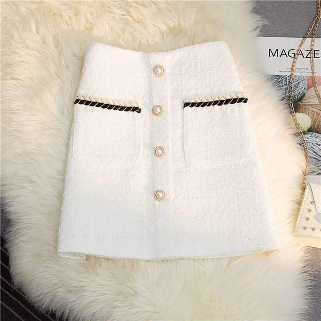 Women's Mid-Length/Short White Black Tweed High-Waist Woolen A-Line Autumn Winter Fragrant Silk Skirt PlatiNum