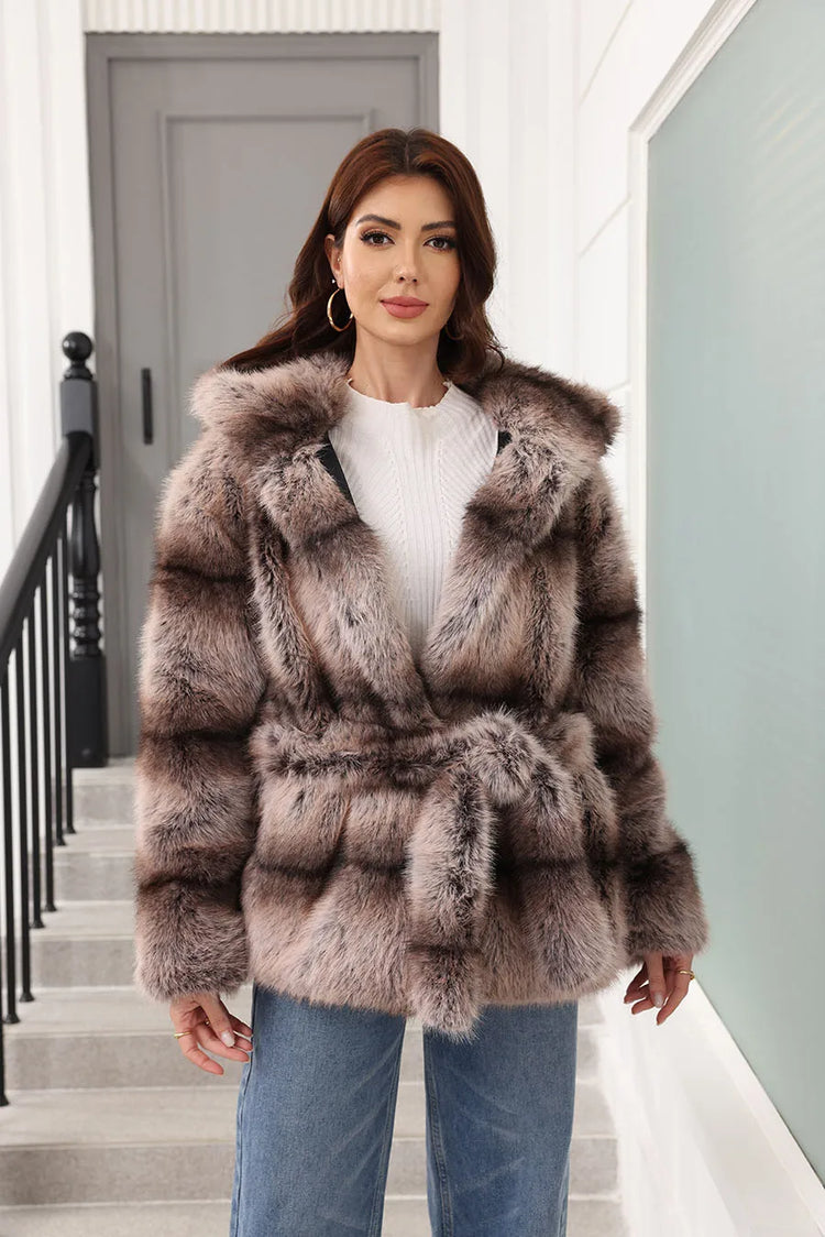 ZADORIN New Stripes Winter Fur Coats Woman Mid Long Hooded Warm Loose Faux Fur Coat For Woman Elegant Belted Fluffy Fur Jacket