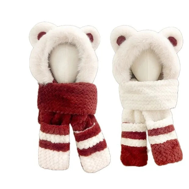 Women's Hat Beanie Balaclava Winter Cap Winter Women's Cute Thickened Fox Plush Hat Scarf Glove Three-in-one Cycling Warmth