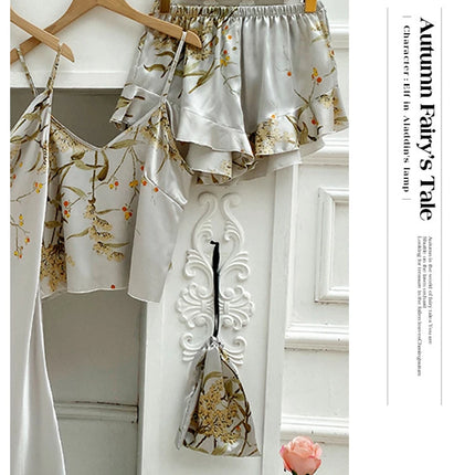 4PC Abito di seta Abito da notte Pigiama di raso di pizzo da donna Abito con scollo a V Cami Camicie da notte Indossare Pijama Home Nightwear Camicia da notte primaverile