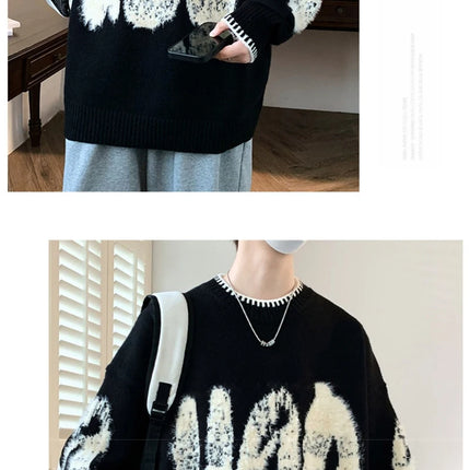 2025 New Letter Jacquard O-Neck Knitwear Men's American Fashion Retro Knitted Sweater Autumn Hip Hop Long Sleeve Y2K Pullovers