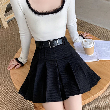 Vintage Winter Pleated Mini Skirt Women Streetwear High Waist Woolen Cute Skater Skirts With Shorts Belt Grey Black Skirt Woman PlatiNum