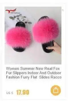 Real Raccoon Fur Slippers for Women 2023 Summer Fluffy Indoor Home Fuzzy Flat Slides Outdoor Fashion Beach Sandals Flip Flops