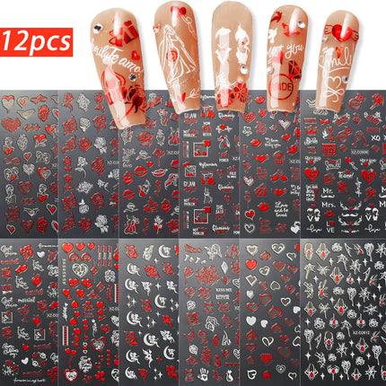 8pc 3D Mixed Color Heart Nail Stickers Valentines' Day Sweet Red Pink Love Selfadhesive Nail Decoration Decals Manicure 2027
