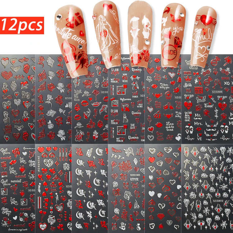 8pc 3D Mixed Color Heart Nail Stickers Valentines' Day Sweet Red Pink Love Selfadhesive Nail Decoration Decals Manicure 2027