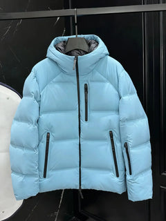 2025 Men's Light Blue Thickened Hooded Down Jacket Windproof Cold Weather Outwear