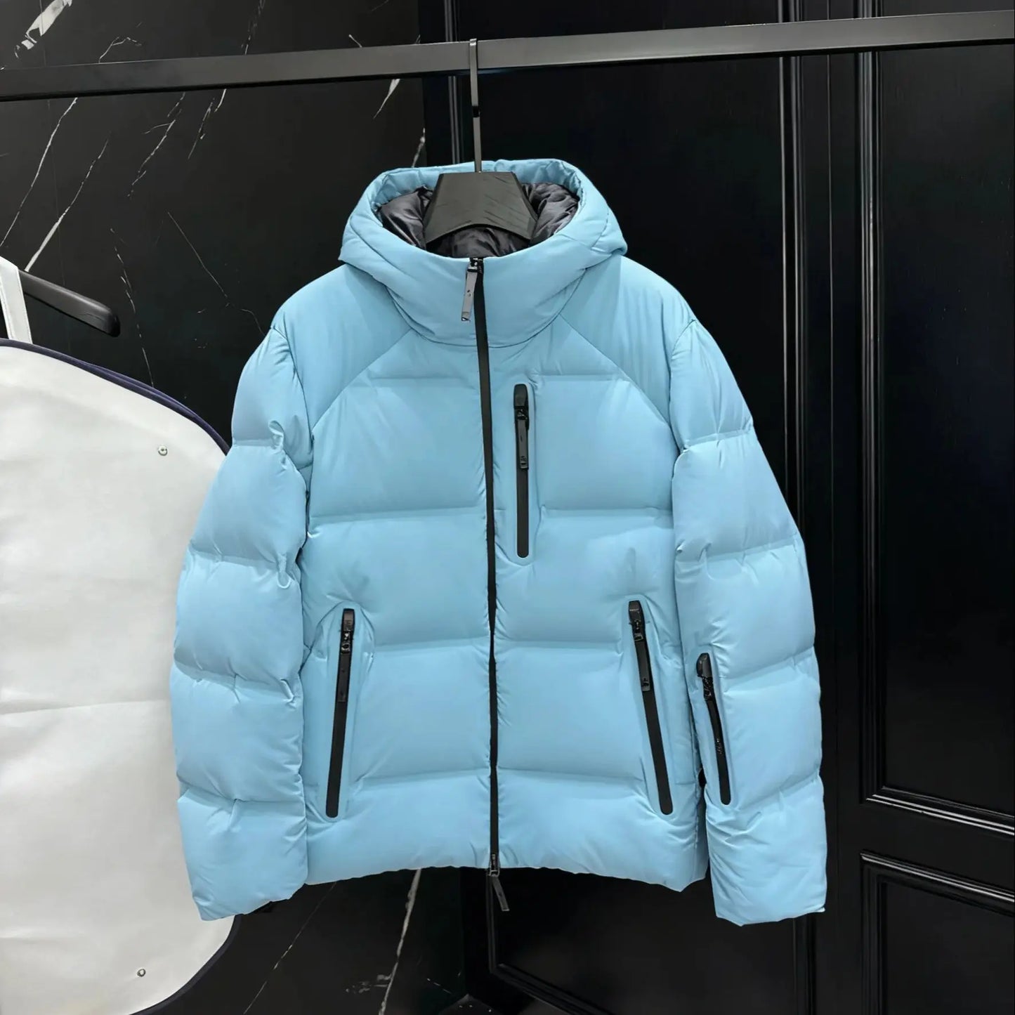 2025 Piumino da uomo con cappuccio ispessito azzurro, capispalla antivento per la stagione fredda
