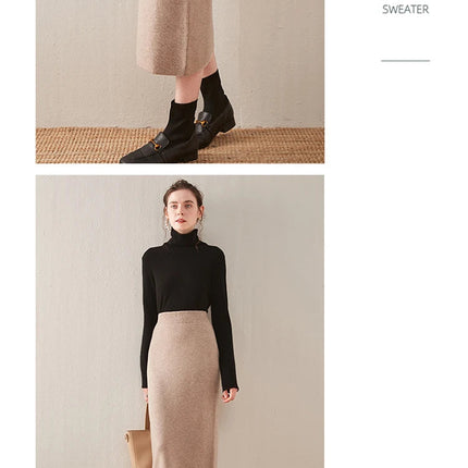 100% pure wool skirt new women's autumn and winter mid-length high-waisted thin cashmere skirt knitted all-match hip skirt PlatiNum