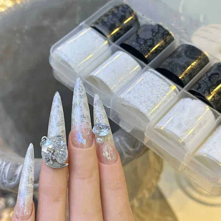 10 Rolls 2.5*50cm Sexy Lace Nail Foils Black White Transfer Paper Nail Art Stickers Stripe Lace Manicure Decals Nail Decorations