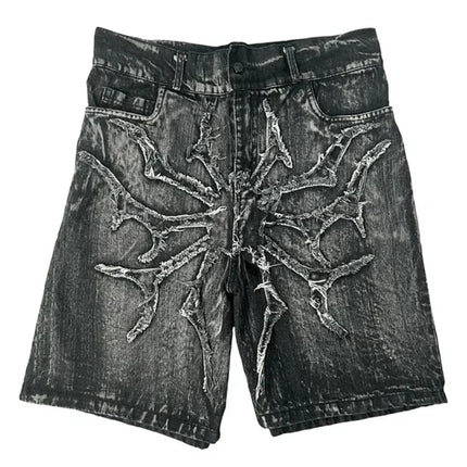 Pantaloncini Larghi Unisex Stile Gotico Retrò Y2K, Jeans Phantom con Ricamo a Ragno, Streetwear Hip Hop