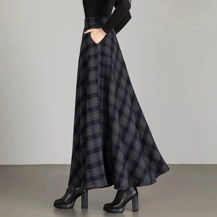 New Women Thick Woolen Skirt Autumn Winter Fashion Elastic High Waist A-Line Long Plaid Skirt Elegant Easy Match Wool Skirt PlatiNum