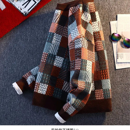 New Fashion Men Plaid Pullover Winter Sweaters Outwear Loose Casual Knitted Sweaters Male O-neck Pullovers Sweatercoats Size 4XL