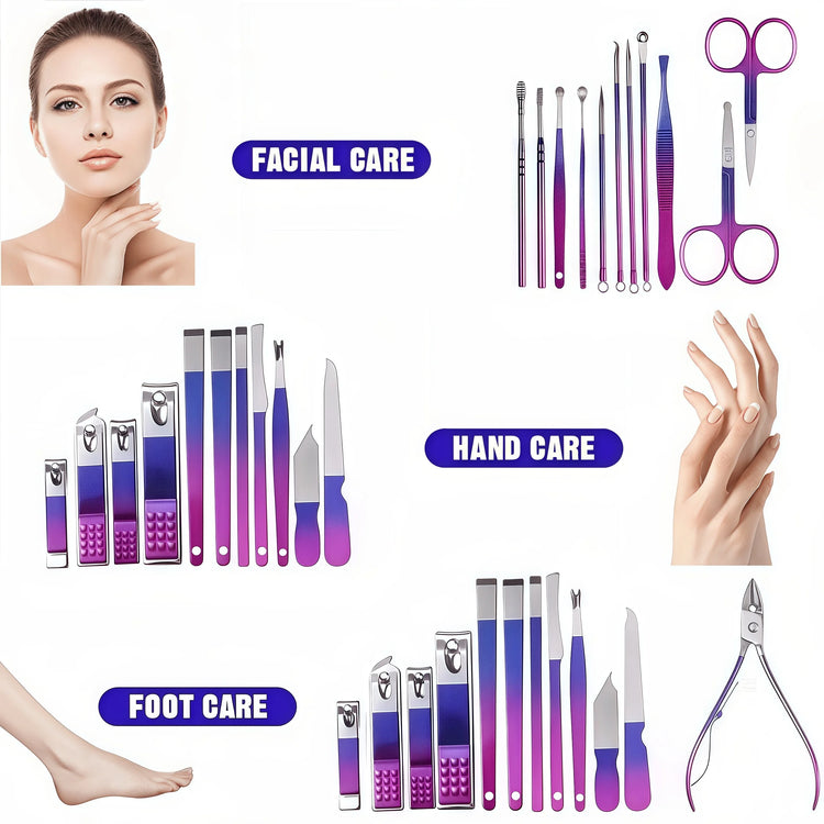 26Pcs Red Blue Gradient Nail Clipper Manicure Set Stainless Steel Nail File Cuticle Trimmer Kit Portable Storage Box Gift Manicure Pedicure Tools