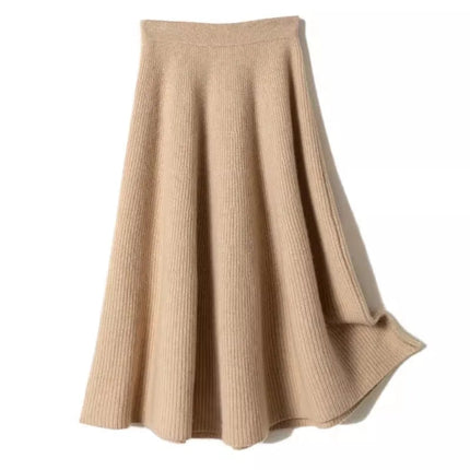 100% Pure Cashmere Over-The-Knee Mid-Length Knitted Skirt for Women, Autumn and Winter, 100% Pure Cashmere High-Waisted Slimming Base Umbrella Skirt, Thick for Commuting PlatiNum