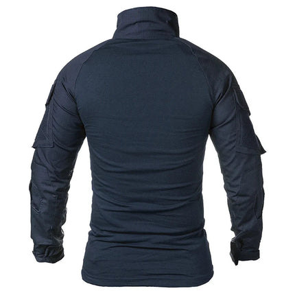 Men's Long Sleeve Combat Shirt 1/4 Zipper Ripstop Cotton Tactical Shirts Navy Blue Camoufalge Airsoft T Shirts PlatiNum