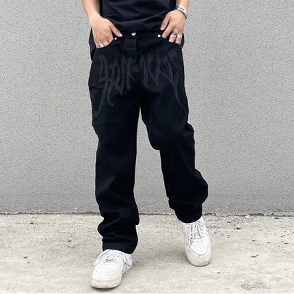 Men Y2K Embroidered High-waisted Straight Baggy Printed Jeans Hip Hop Teenager Boy Streetwear Skateboard Casual denim Trousers PlatiNum