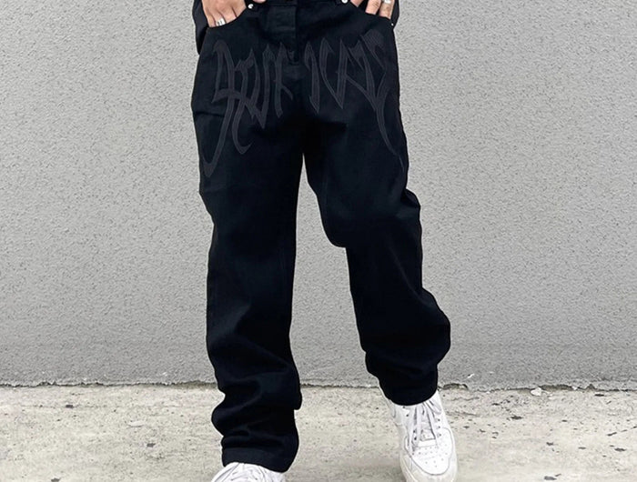 Men Y2K Embroidered High-waisted Straight Baggy Printed Jeans Hip Hop Teenager Boy Streetwear Skateboard Casual denim Trousers PlatiNum