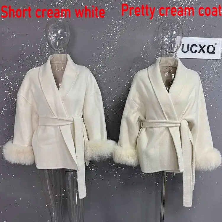 UCXQ Elegant OL Office Lady Overcoats Fur Patchwork Long Sleeve Woolen Coat Beautiful Women's Clothing Jacket Autumn 2025 Winter
