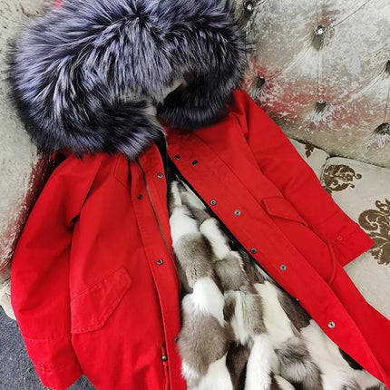 Winter Long Jacket Real Fur Coat Women Clothes Large Silver Fox Fur Collar Detachable Natural Fox Lining Parkas Leather Fur