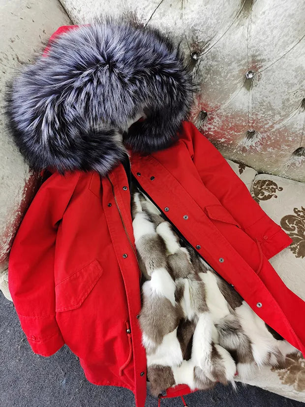 Winter Long Jacket Real Fur Coat Women Clothes Large Silver Fox Fur Collar Detachable Natural Fox Lining Parkas Leather Fur