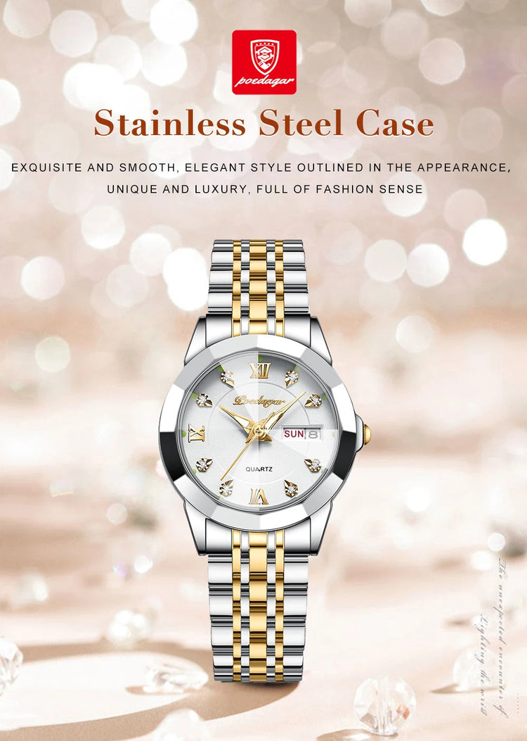 POEDAGAR orologi da donna di marca di lusso impermeabile luminoso data settimana orologio al quarzo per donna orologio da donna di moda in acciaio inossidabile platinumshop