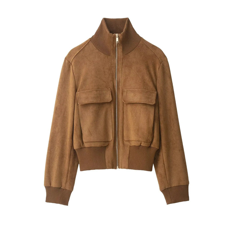 Ladies Short Vintage Faux Suede Autumn Winter Jacket Women Coat Stand-Collar Zip-up Field Trendy Streetwear Chic Jacket Female