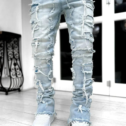 Men's Regular Fit Stacked Jeans Ripped Slim Fit Patch Distressed Destroyed Straight Denim Pants Hip Hop Streetwear Trouser Cloth PlatiNum
