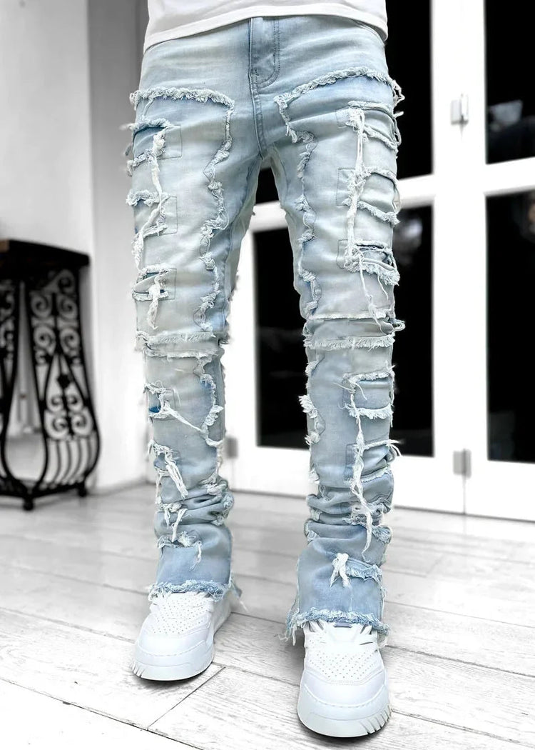 Men's Regular Fit Stacked Jeans Ripped Slim Fit Patch Distressed Destroyed Straight Denim Pants Hip Hop Streetwear Trouser Cloth PlatiNum