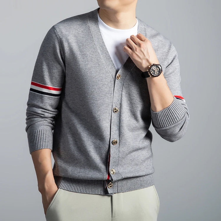 High End Brand Knitted Cardigan Men's Autumn Trend Color Blocked Striped Designer New shawl Korean Casual V-Neck sweater Coat