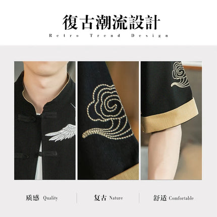 Camicie da uomo con gru ricamate Kungfu Tai Chi Casual manica corta nuovo stile cinese colletto alla coreana Cardigan in lino Tang Suit uomo Top